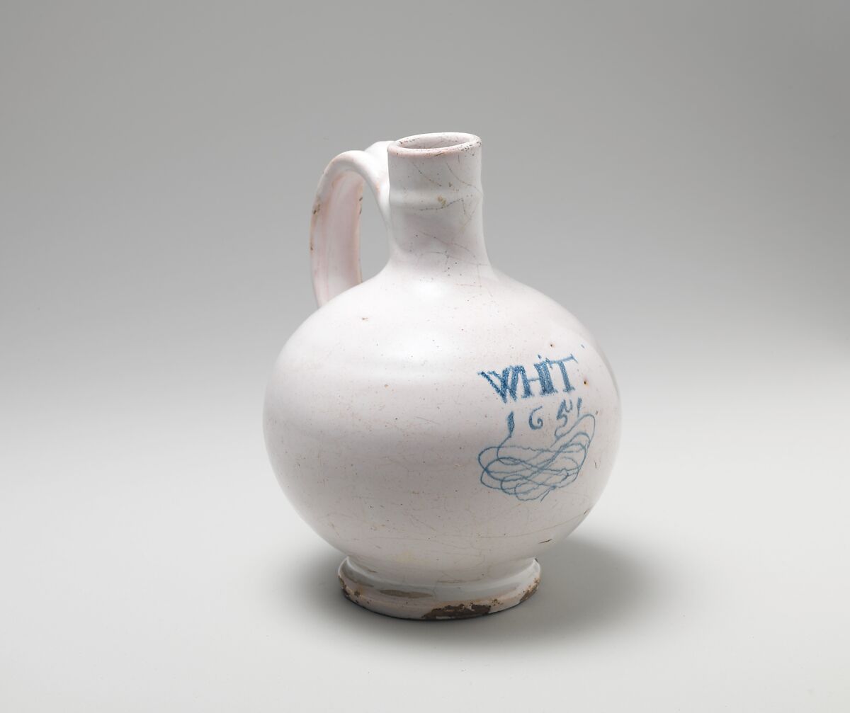 Wine bottle, Tin-glazed earthenware (Delftware), British, Lambeth 