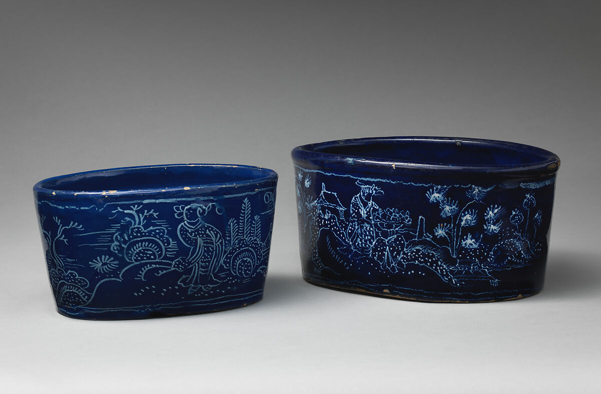 Butter dish, Tin-glazed earthenware, British, Lambeth or French, Nevers