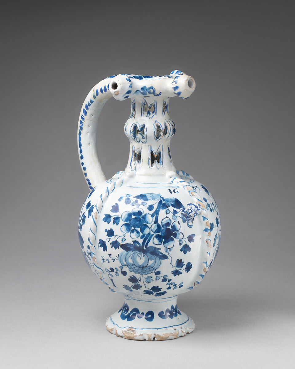 Puzzle jug, Tin-glazed earthenware (delftware), British, Lambeth