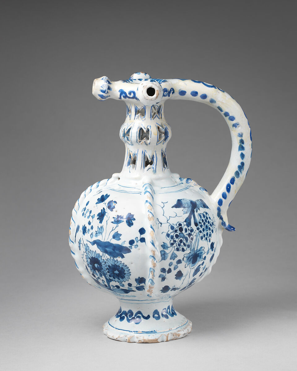 Puzzle jug, Tin-glazed earthenware (delftware), British, Lambeth 