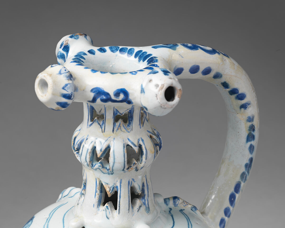 Puzzle jug, Tin-glazed earthenware (delftware), British, Lambeth