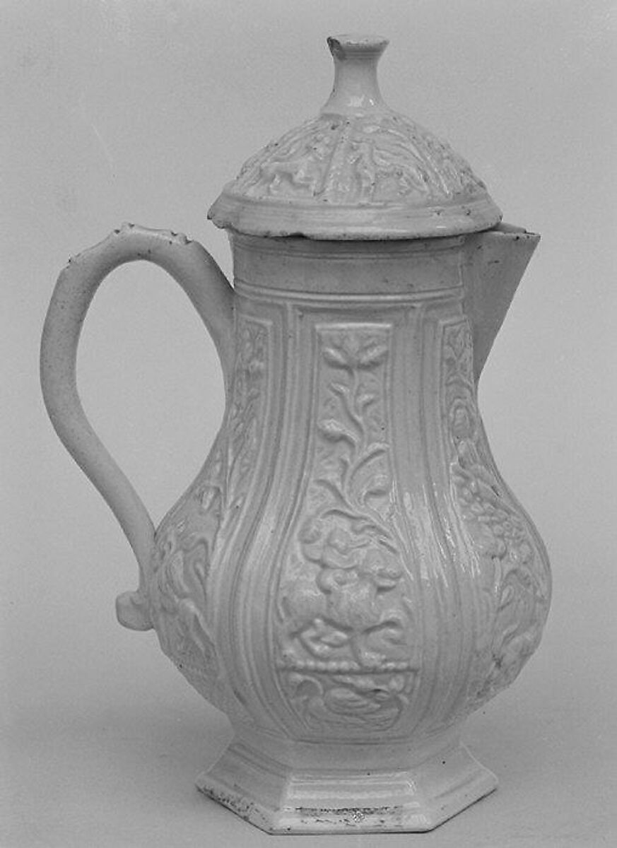 Hot milk jug with cover, Salt-glazed stoneware, British, Staffordshire 