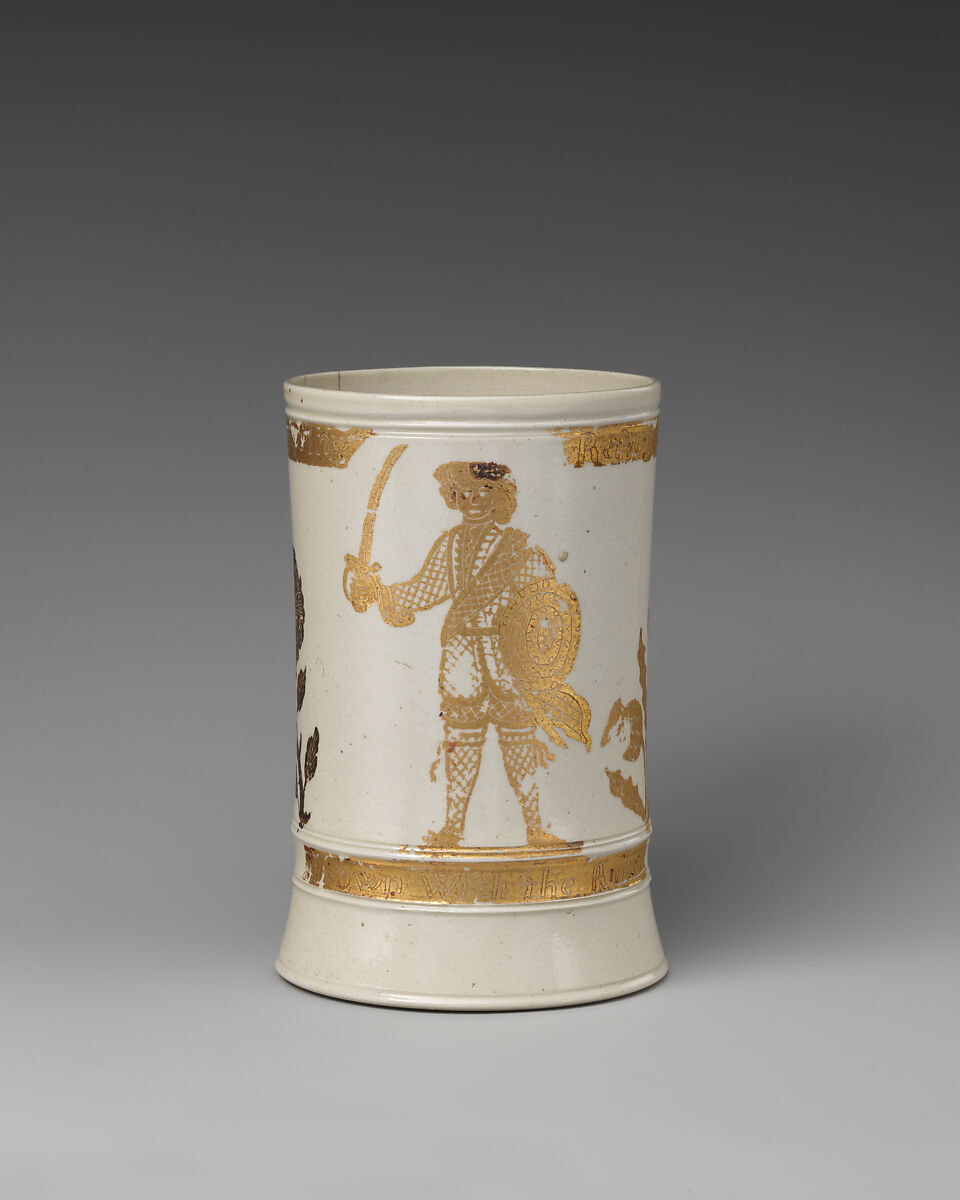 Jacobite mug with Prince Charles Edward Stuart (1720–1788), Salt-glazed stoneware, gilt, British, Staffordshire 