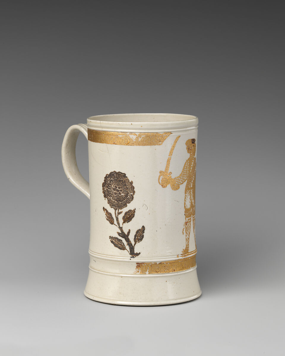 Jacobite mug with Prince Charles Edward Stuart (1720–1788), Salt-glazed stoneware, gilt, British, Staffordshire