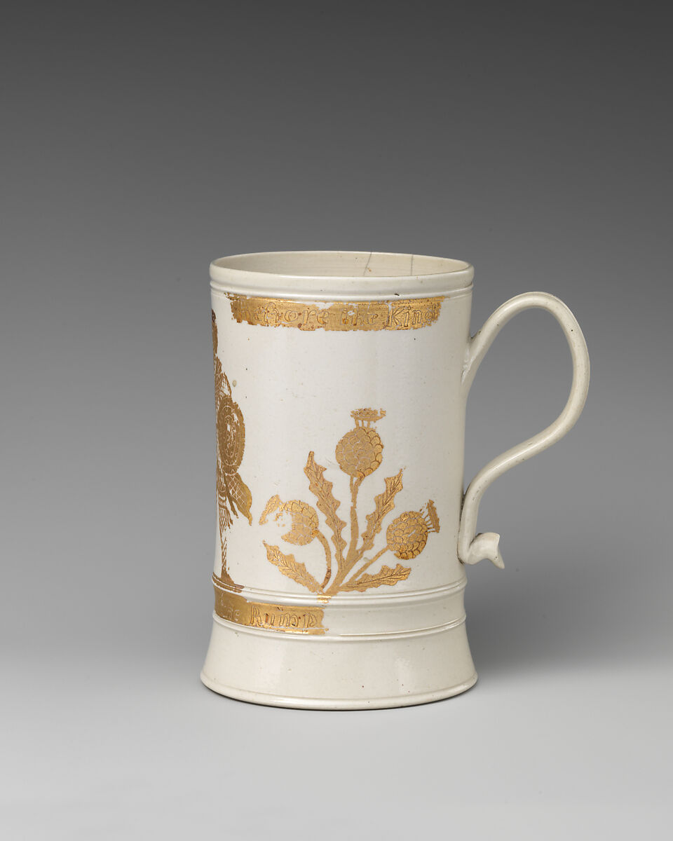 Jacobite mug with Prince Charles Edward Stuart (1720–1788), Salt-glazed stoneware, gilt, British, Staffordshire