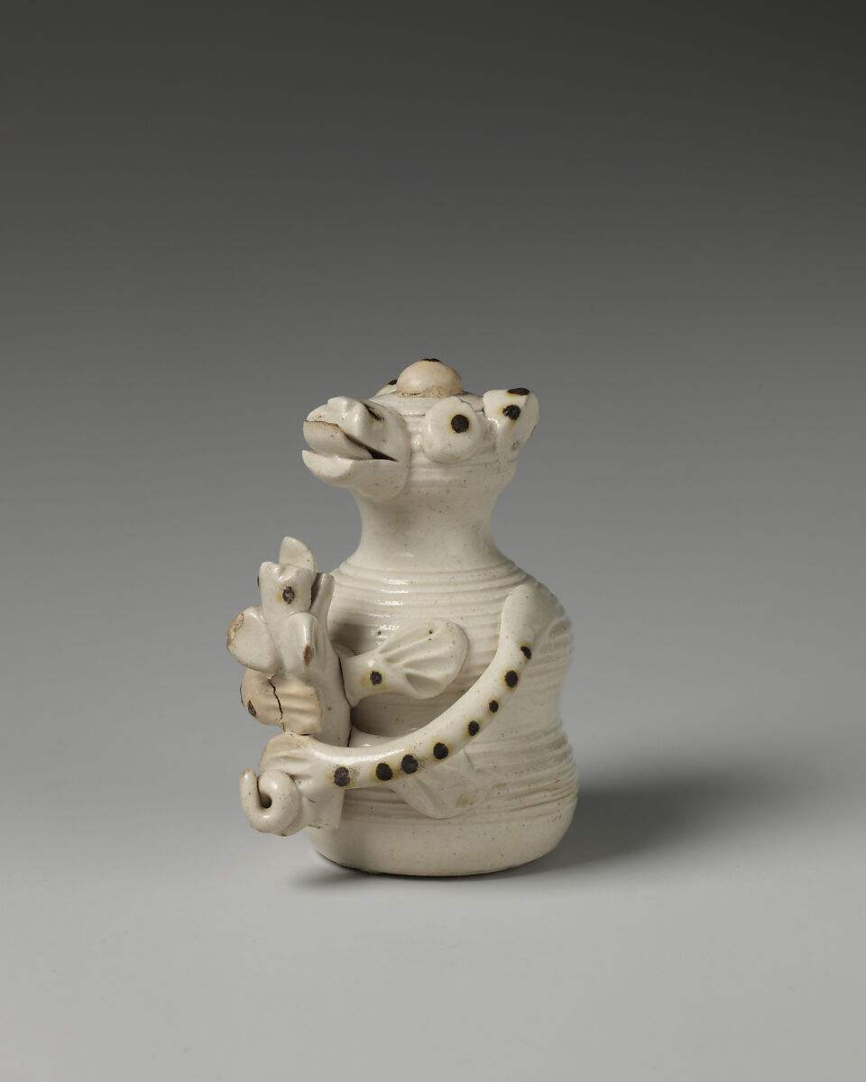 Rattle in the form of a bear hugging a small dog, Salt-glazed stoneware, British, Staffordshire 