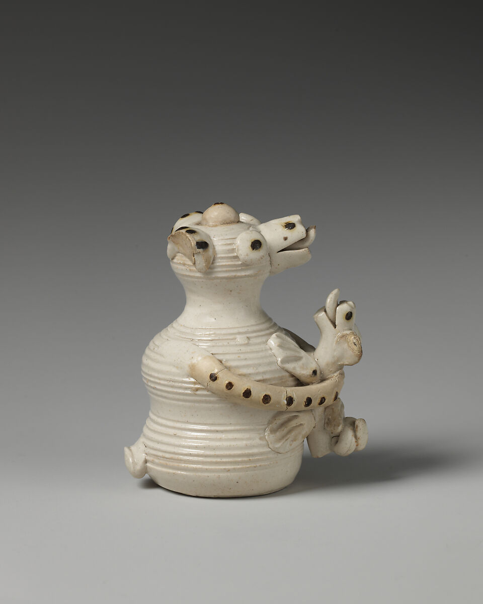 Rattle in the form of a bear hugging a small dog, Salt-glazed stoneware, British, Staffordshire