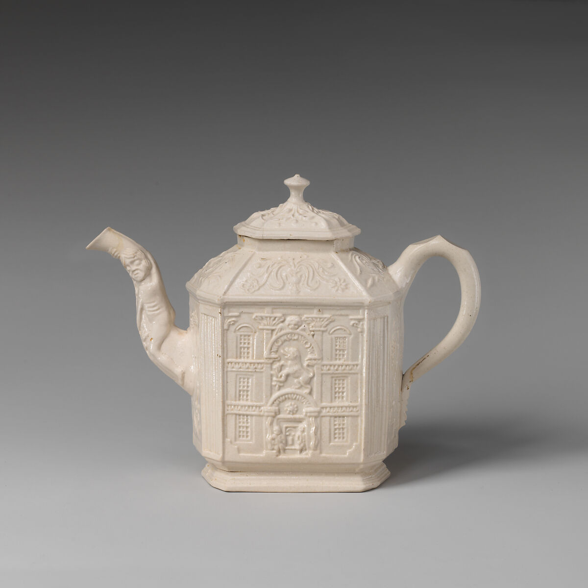 Teapot in the form of a house, Salt-glazed stoneware, British, Staffordshire 