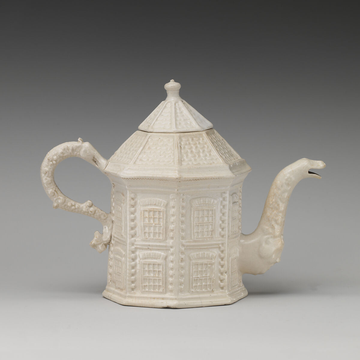 Teapot in the form of an octagonal pavilion, Salt-glazed stoneware, British, Staffordshire