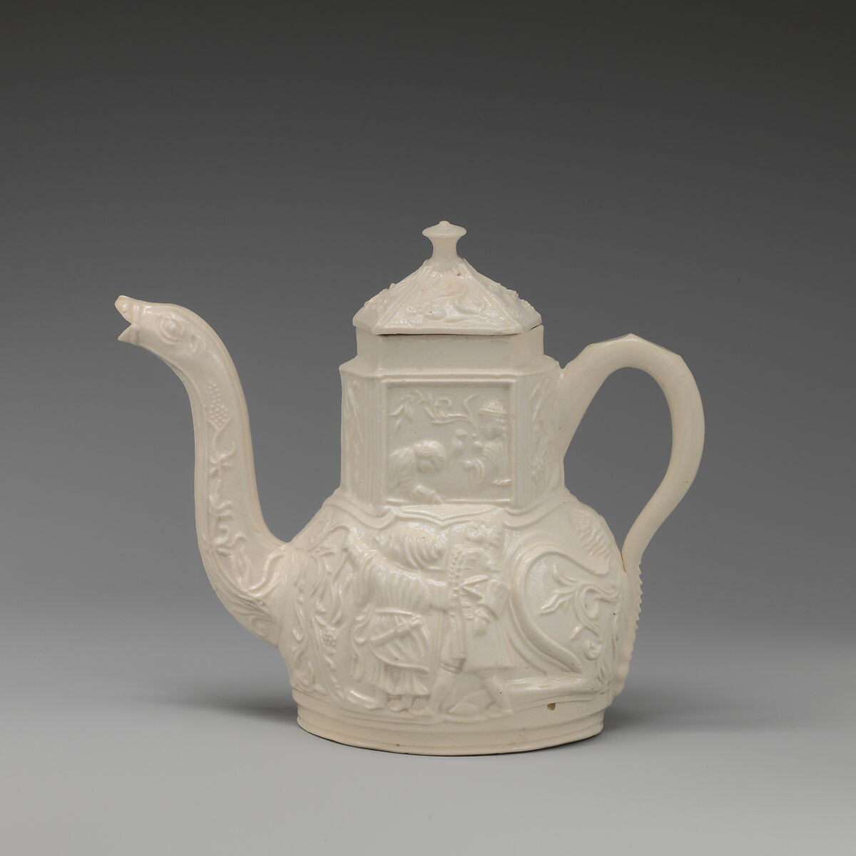 Teapot in the form of a camel, Salt-glazed stoneware, British, Staffordshire 