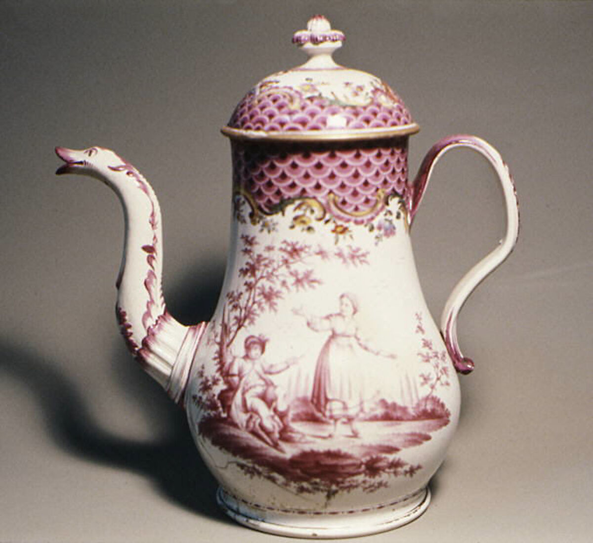 Coffeepot, Salt-glazed stoneware, with polychrome enamel, British, Staffordshire 