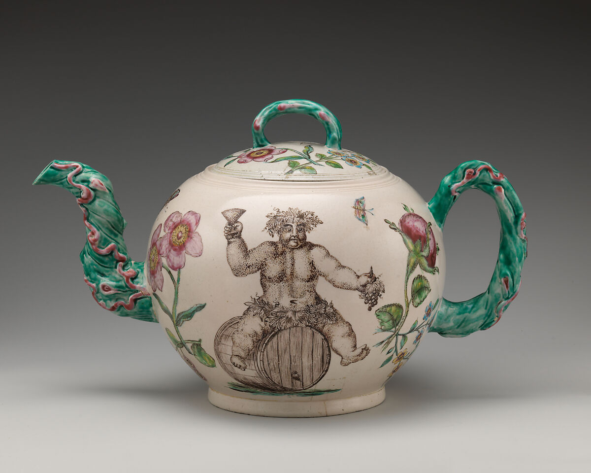 Punch pot with Bacchus, Salt-glazed stoneware with enamel decoration, British, Staffordshire 