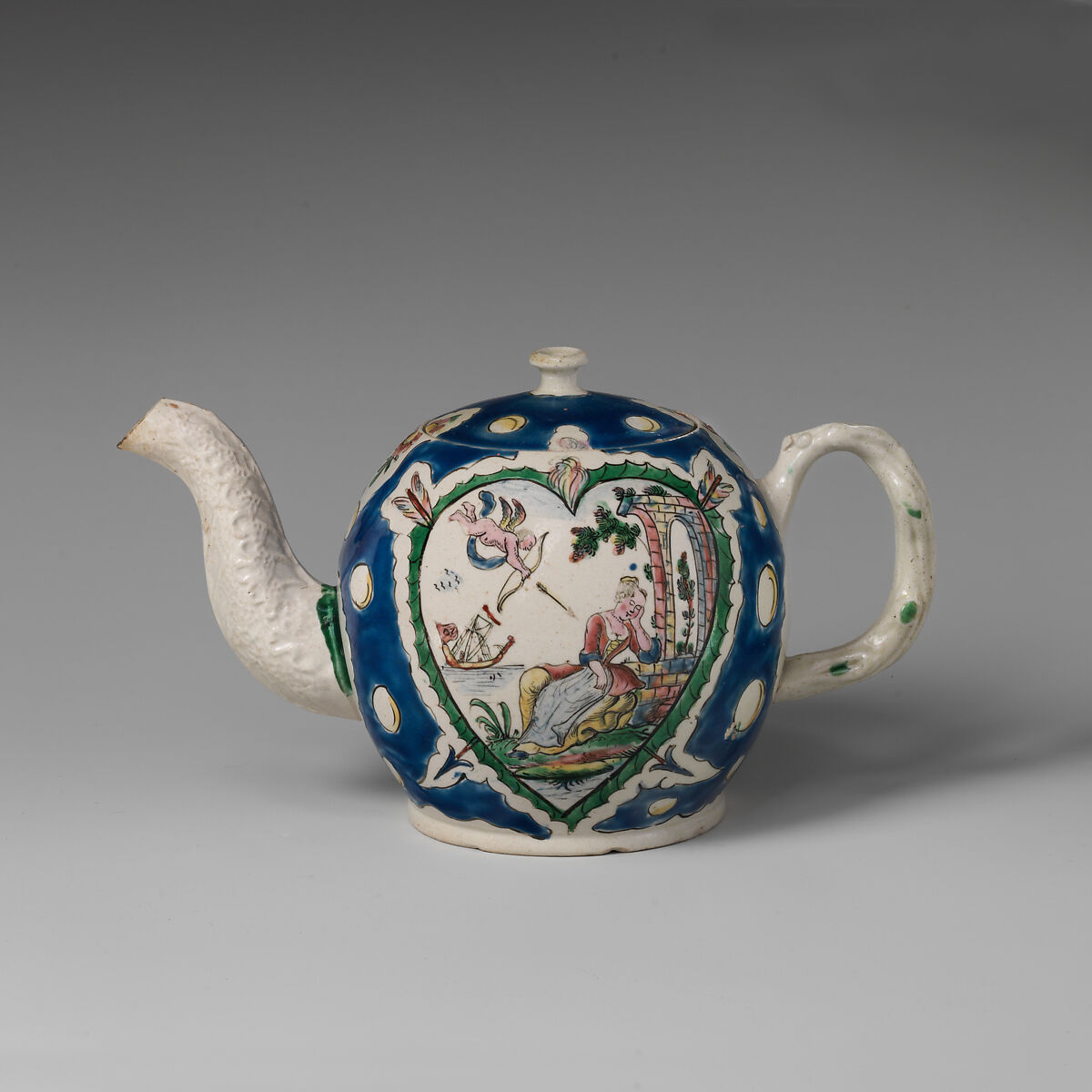 Teapot, Salt-glazed stoneware with enamel decoration, British, Staffordshire 