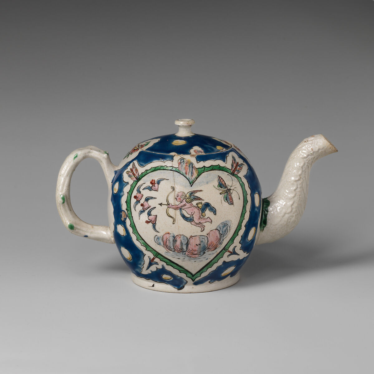 Teapot, Salt-glazed stoneware with enamel decoration, British, Staffordshire
