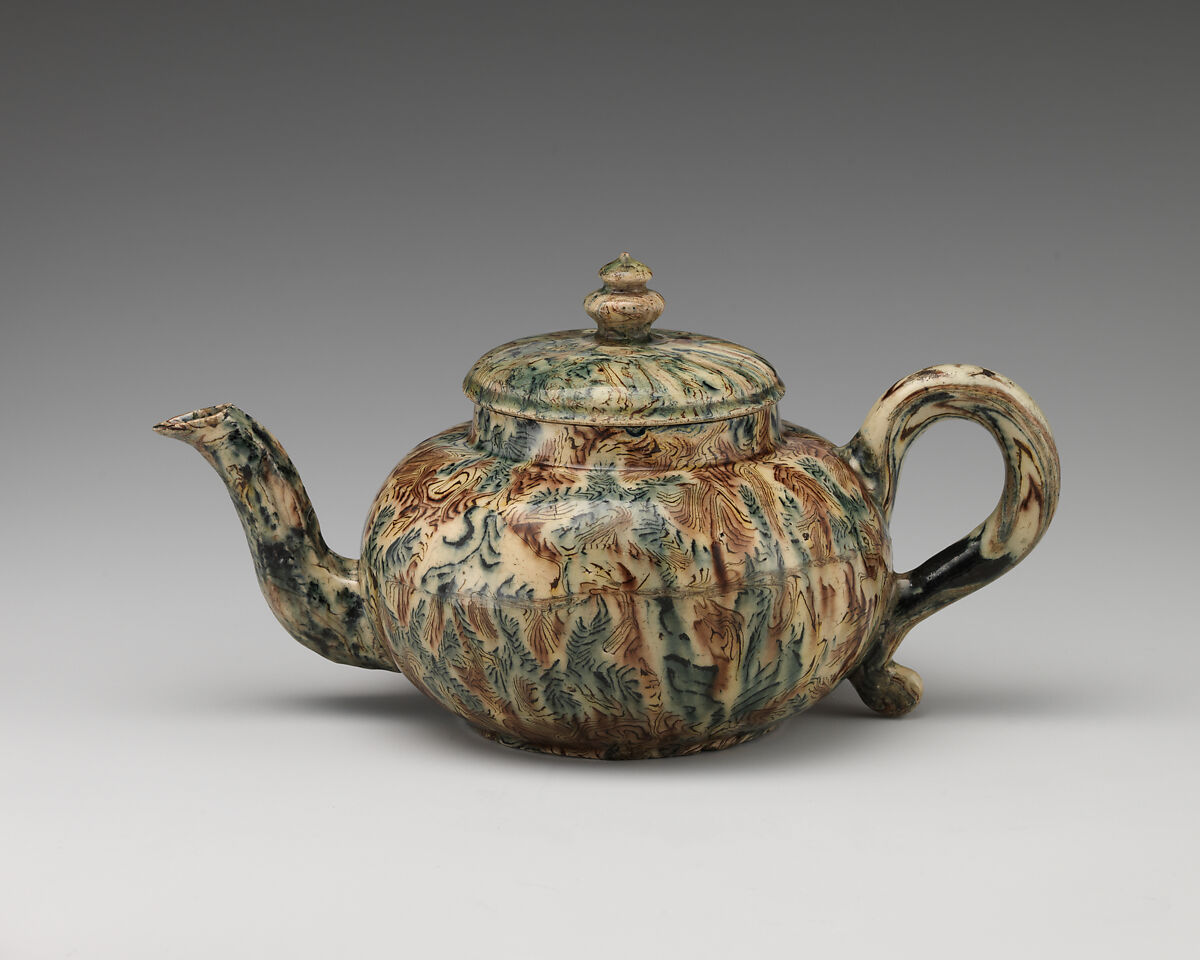 Teapot, Agateware (glazed earthenware), British, Staffordshire 