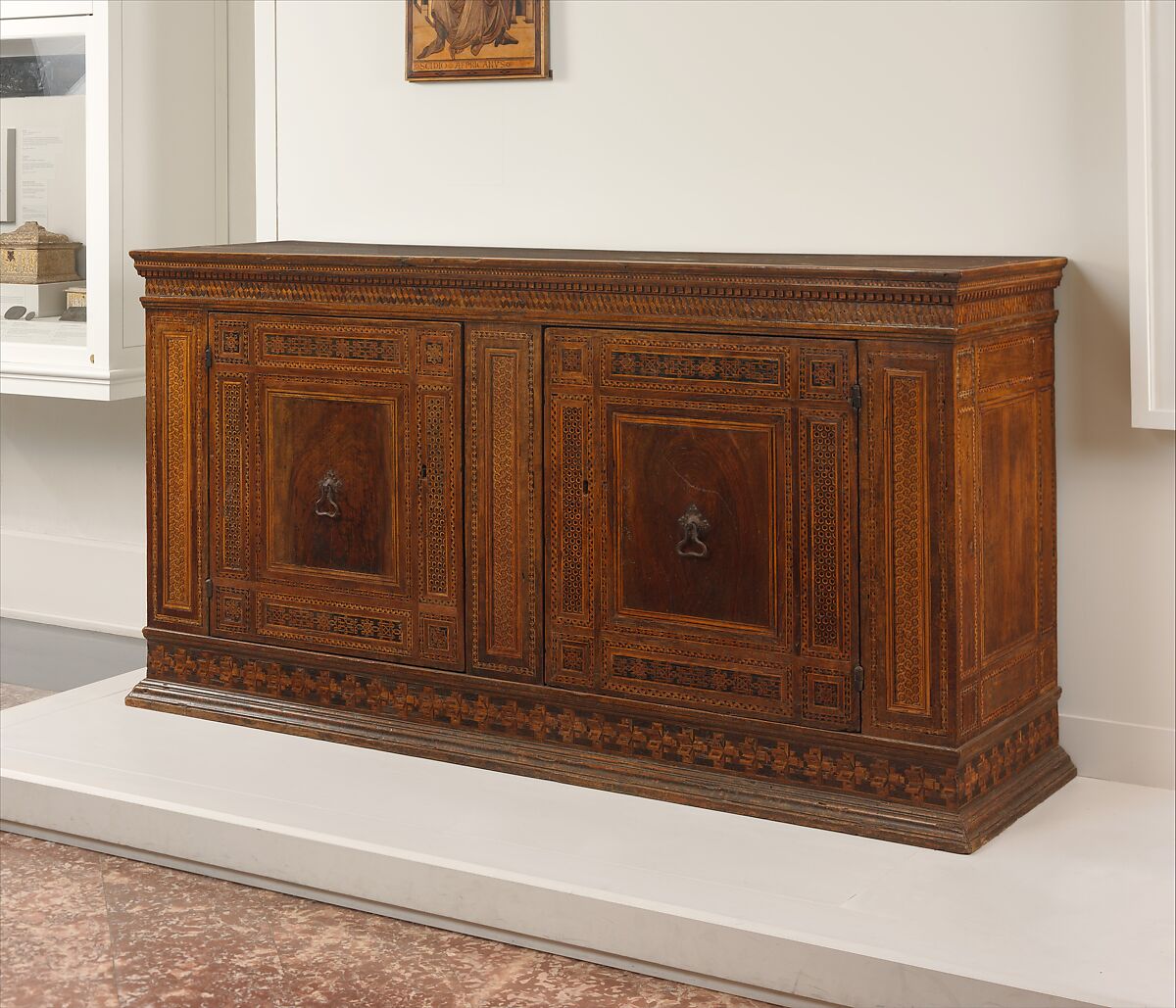 Sacristy cabinet, Poplar wood and walnut inlaid with various woods; iron locks, handles and key, Italian, Florence or Siena 