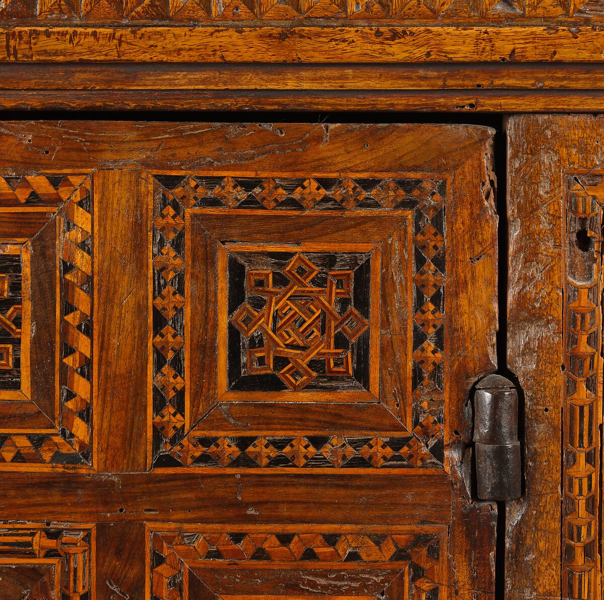 Sacristy cabinet, Poplar wood and walnut inlaid with various woods; iron locks, handles and key, Italian, Florence or Siena
