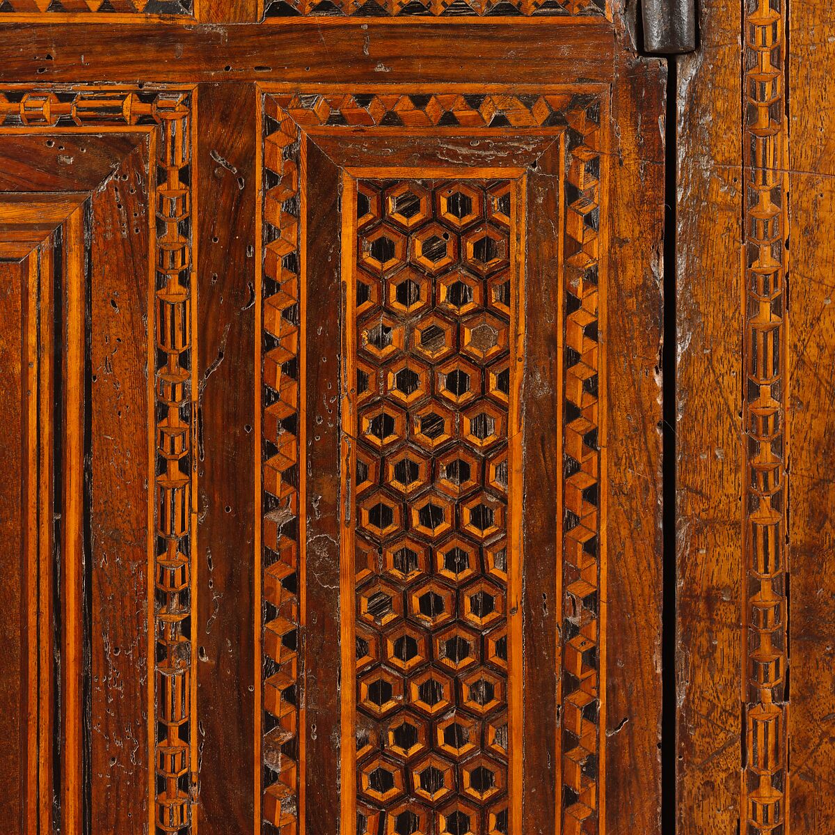 Sacristy cabinet, Poplar wood and walnut inlaid with various woods; iron locks, handles and key, Italian, Florence or Siena