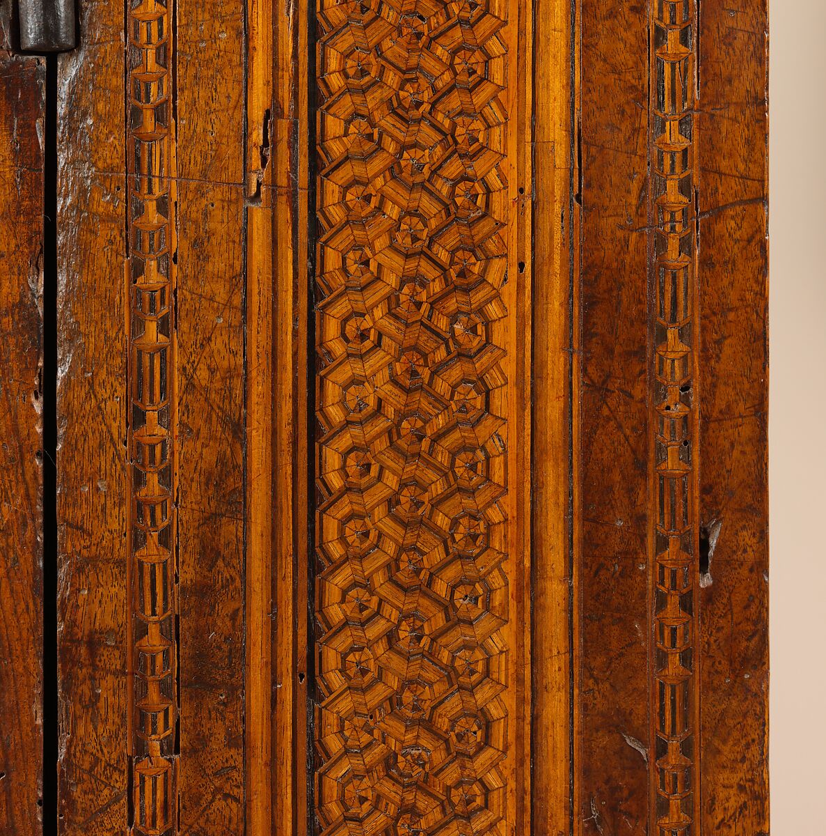Sacristy cabinet, Poplar wood and walnut inlaid with various woods; iron locks, handles and key, Italian, Florence or Siena