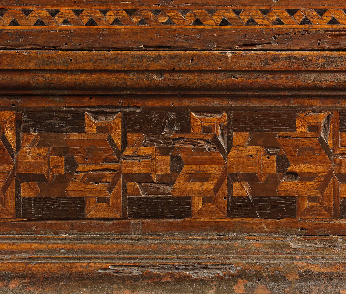 Sacristy cabinet, Poplar wood and walnut inlaid with various woods; iron locks, handles and key, Italian, Florence or Siena