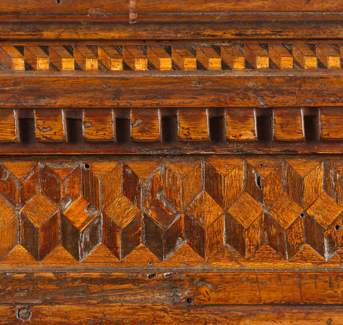Sacristy cabinet, Poplar wood and walnut inlaid with various woods; iron locks, handles and key, Italian, Florence or Siena