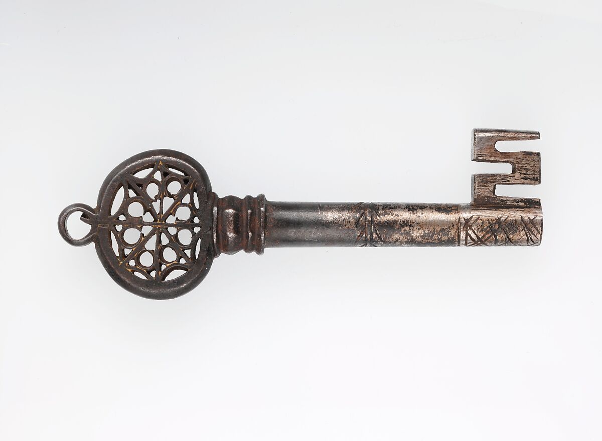 Sacristy cabinet, Poplar wood and walnut inlaid with various woods; iron locks, handles and key, Italian, Florence or Siena