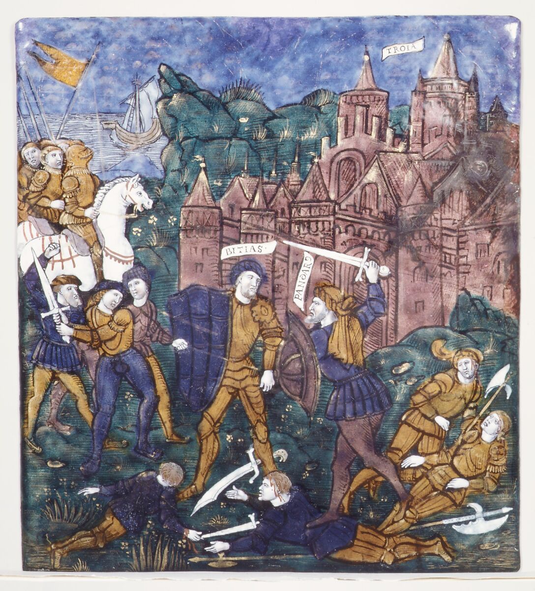 Pandarus and Bitias Fight the Rutuli Before the Trojan Camp (Aeneid, Book IX), Master of the Aeneid (active ca. 1530–40), Painted enamel on copper, partly gilded, French, Limoges 