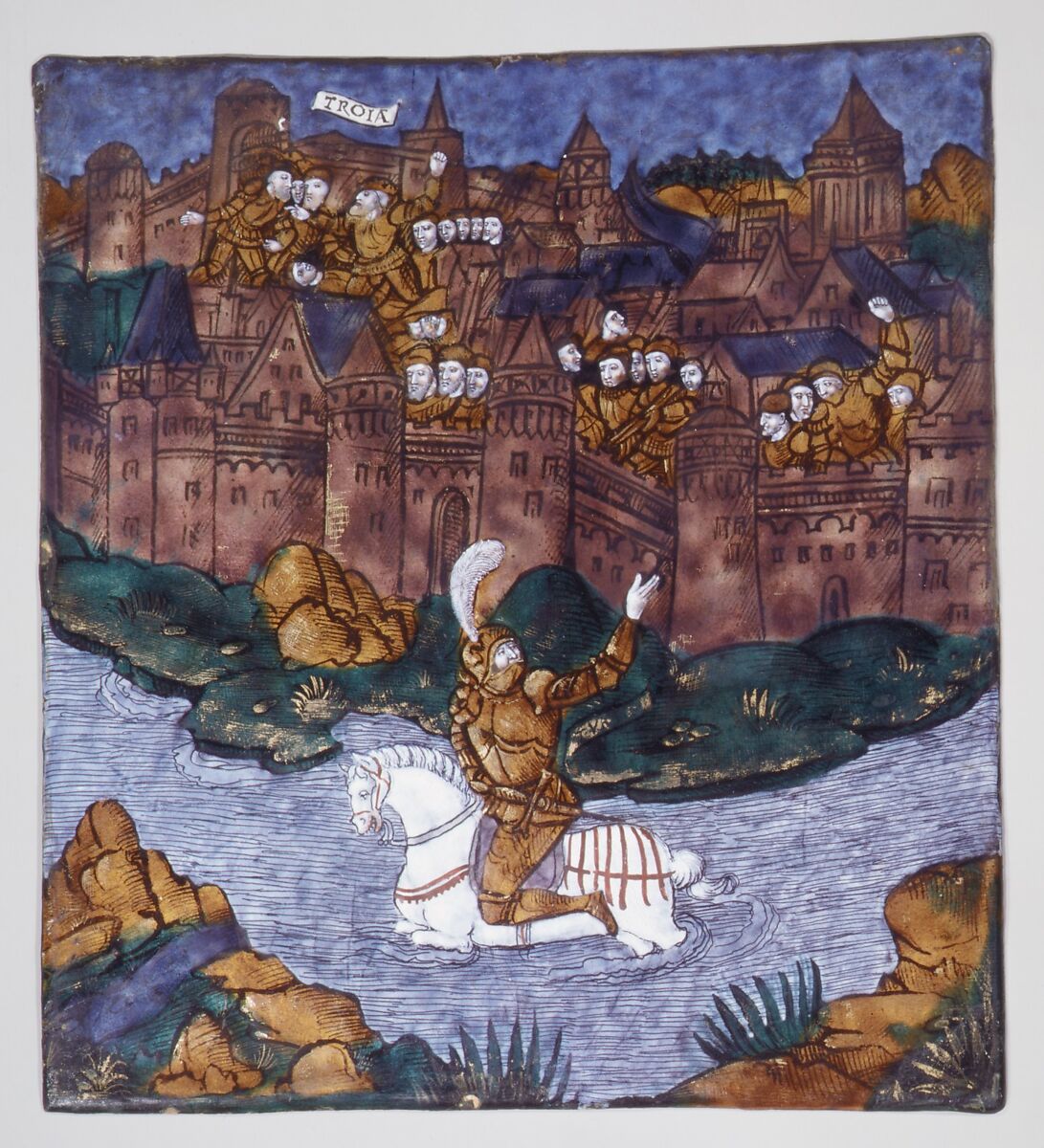 Turnus, Overwhelmed by the Trojans, Crosses the River to Return to His Companions (Aeneid, Book IX), Master of the Aeneid (active ca. 1530–40), Painted enamel on copper, partly gilt, French, Limoges 