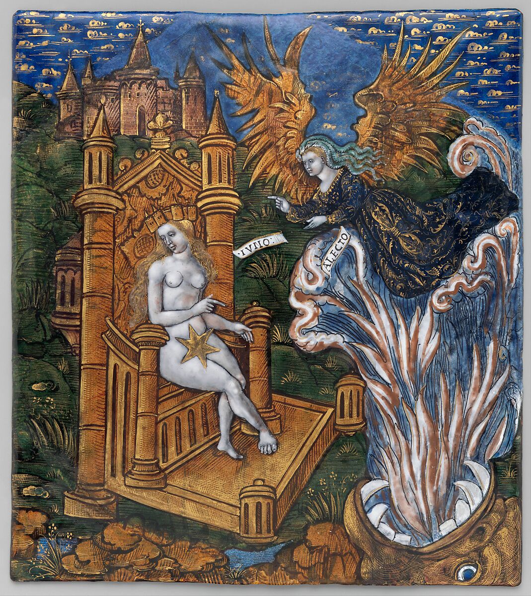 Juno, Seated on a Golden Throne, Asks Alecto to Confuse the Trojans (Aeneid, Book VI), Master of the Aeneid (active ca. 1530–40), Painted enamel on copper, partly gilt, French, Limoges 
