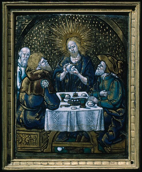 Christ at Emmaus (one of a series), Painted enamel on copper, partly gilt, French, Limoges 