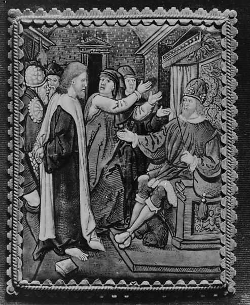 Christ Before Herod (one of a series), Painted enamel on copper, partly gilt, French