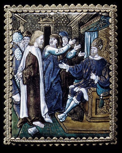 Christ Before Herod (one of a series), Painted enamel on copper, partly gilt, French