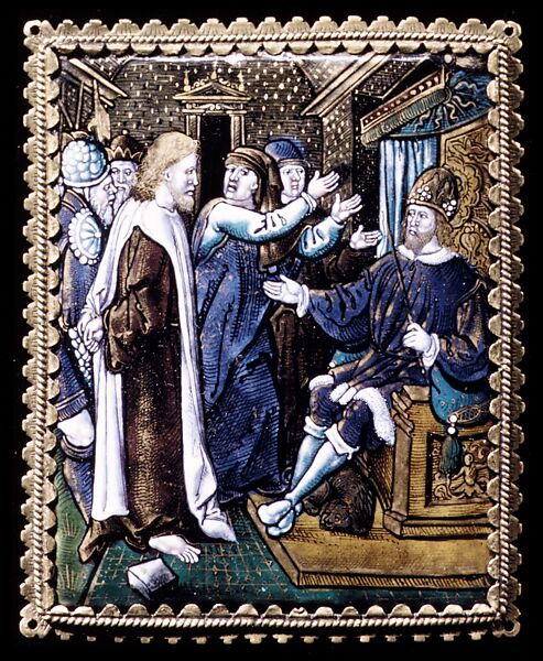 Christ Before Herod (one of a series), Painted enamel on copper, partly gilt, French