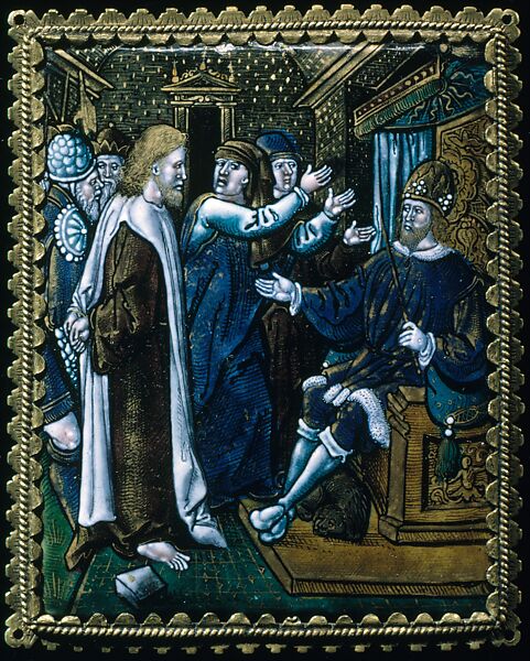 Christ Before Herod (one of a series), Painted enamel on copper, partly gilt, French 