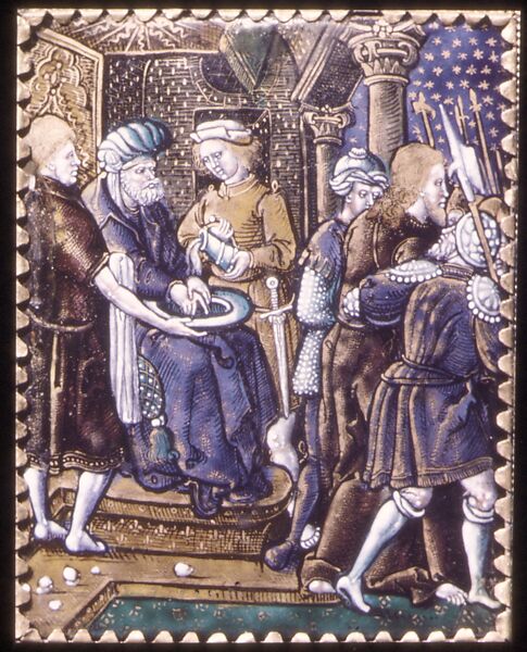 Pilate Washing His Hands (one of a series), Painted enamel on copper, partly gilt, French