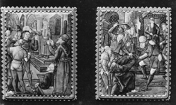 Christ Before Annas (one of a series), Painted enamel on copper, partly gilt, French
