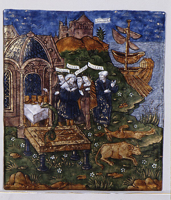 Aeneas and His Companions Sacrifice to the Gods before the Tomb of his Father, Anchises, in Sicily (Aeneid, Book V), Master of the Aeneid (active ca. 1530–40), Painted enamel on copper, partly gilded, French, Limoges 
