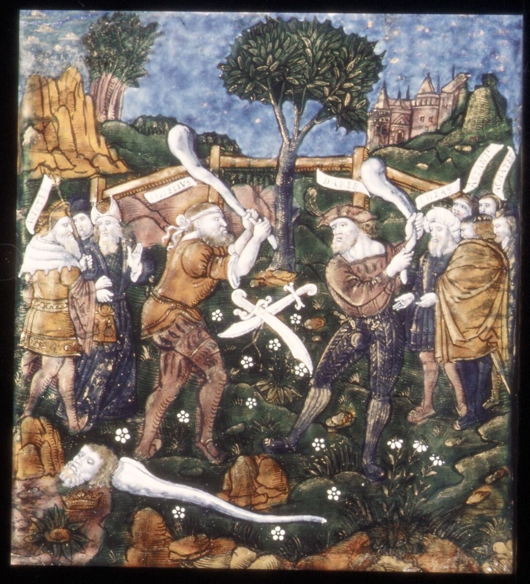 The Combat between Dares and Entellus (Aeneid, Book V), Master of the Aeneid (active ca. 1530–40), Painted enamel on copper, partly gilded, French, Limoges 