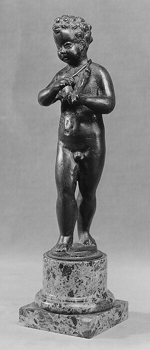 Putto with Viol, Niccolò Roccatagliata (Italian, born Genoa, active 1593–1636), Bronze, dark green marble plinth, Italian, Venice