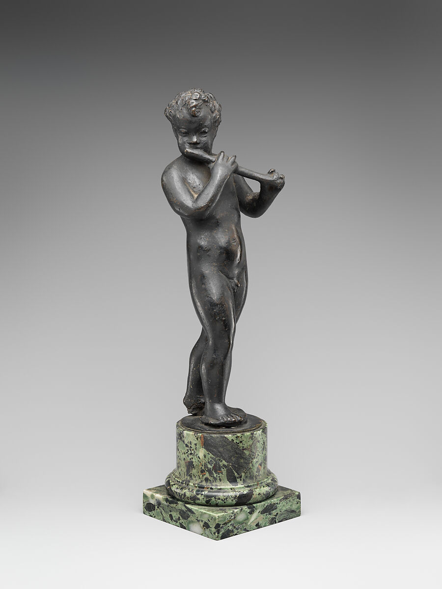 Putto with Flute, Niccolò Roccatagliata (Italian, born Genoa, active 1593–1636), Bronze, dark green marble plinth, Italian, Venice 