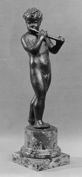 Putto with Flute, Niccolò Roccatagliata (Italian, born Genoa, active 1593–1636), Bronze, dark green marble plinth, Italian, Venice