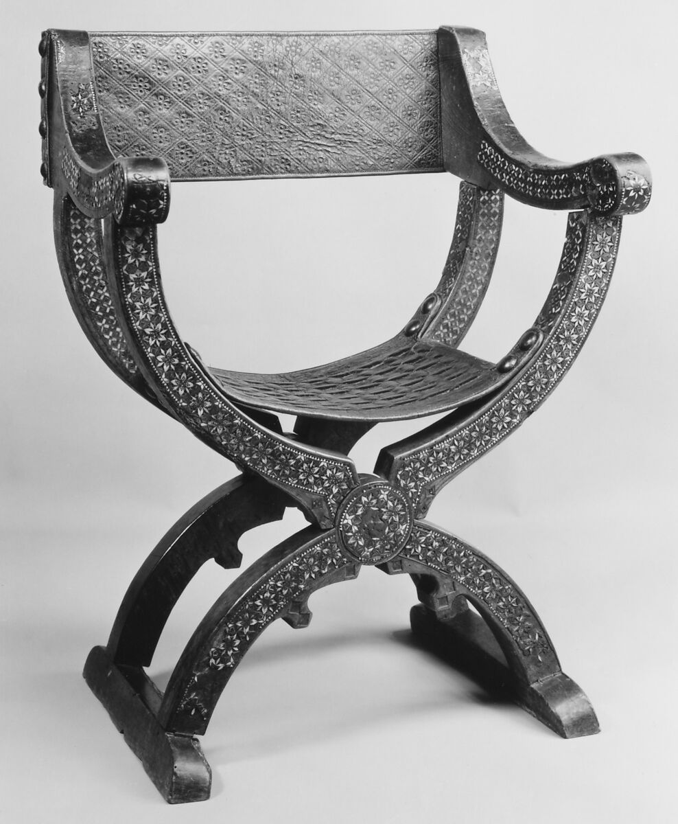 Folding chair, Walnut, ivory, bone, mother-of-pearl,, Spanish, Granada