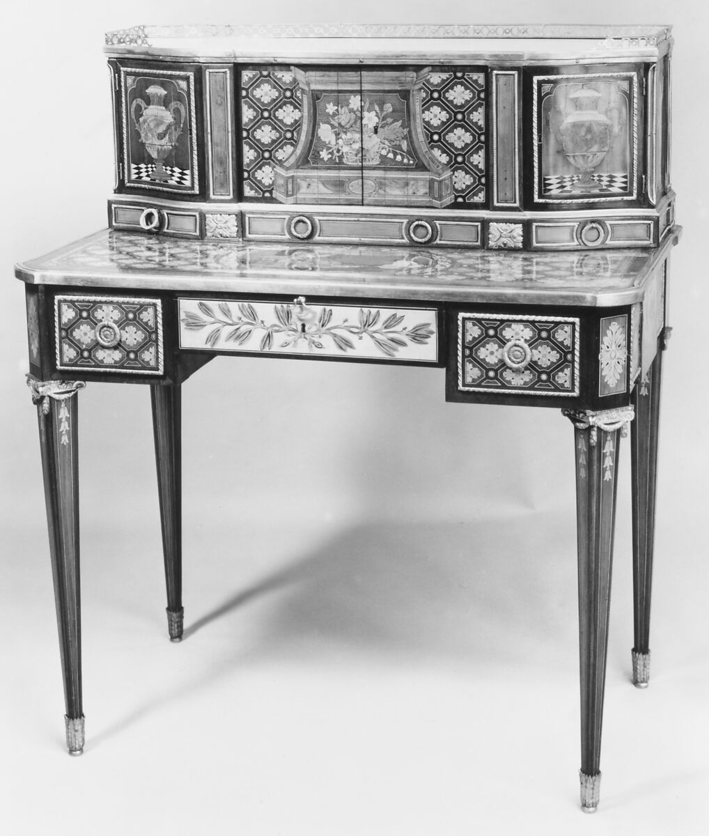 Secretary, Mahogany, tulipwood, harewood, boxwood, myrtle, holly, and ebony, on oak carcass; gilt bronze, marble, French 