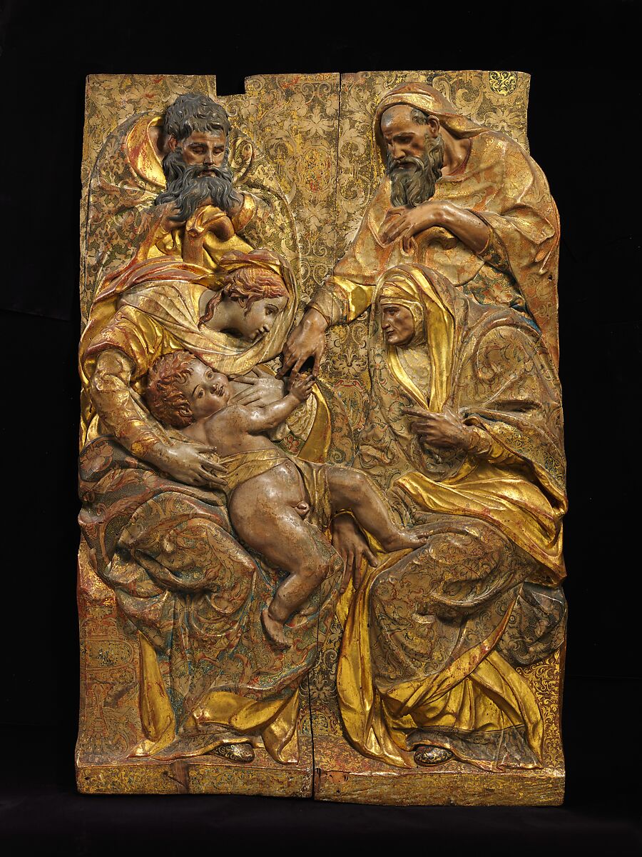 The Holy Family with Saints Anne and Joachim, Diego de Pesquera (Spanish, Castile (?), ca. 1540–after 1581, Mexico (?), active 1563–80), Wood, painted and gilt, Spanish, Granada 