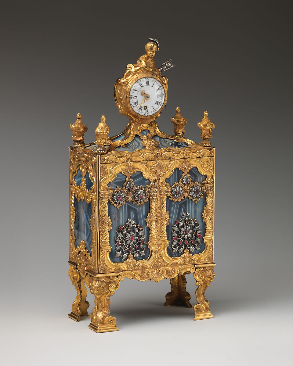 Nécessaire incorporating a watch (one of a pair), John Barbot (British, recorded 1751–65), Gold, agate, rubies, diamonds, silver, wood carcass, silk velvet, mirror glass; glass, enamel, ivory, steel; movement: gilded brass, steel; enamel face, British, London 