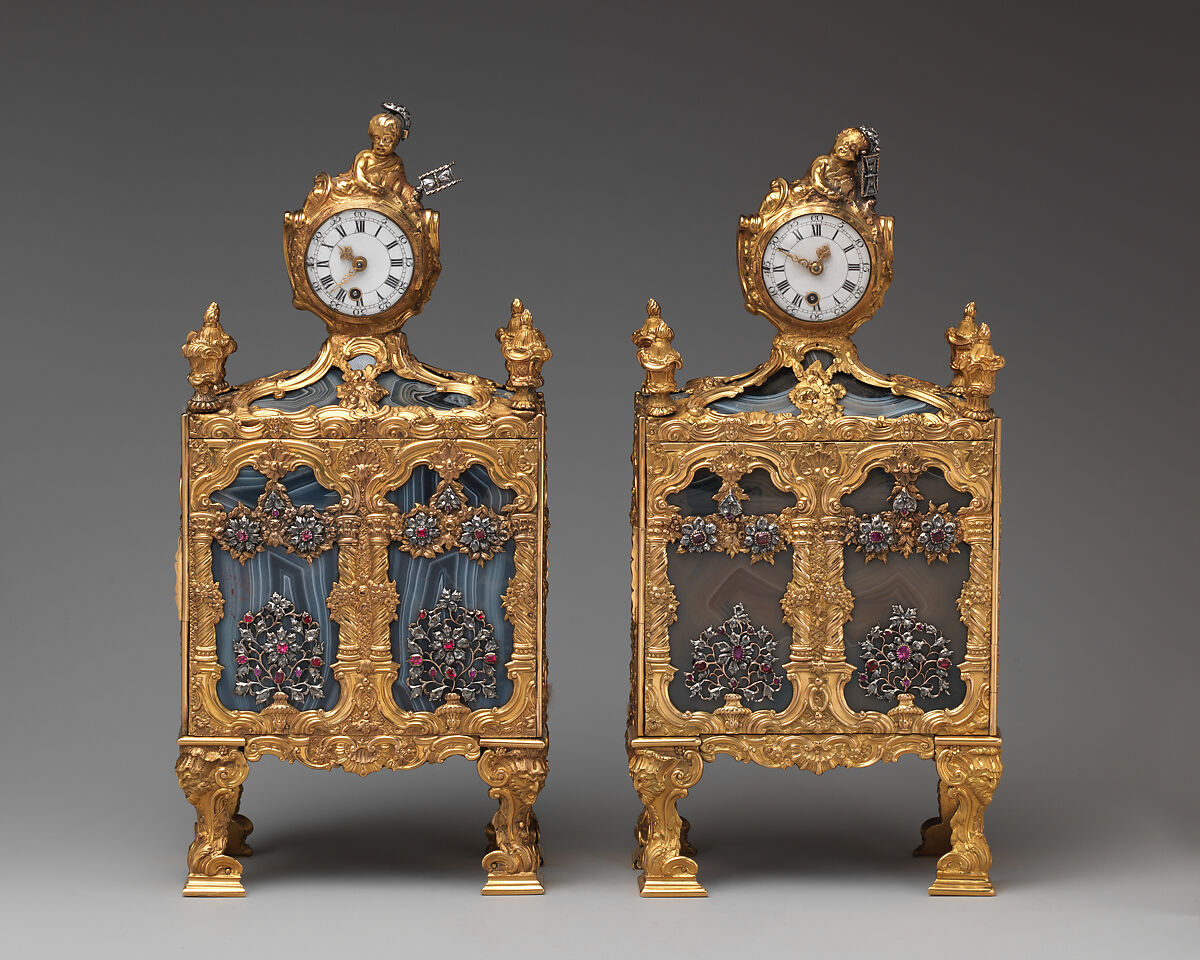 Nécessaire incorporating a watch (one of a pair), John Barbot (British, recorded 1751–65), Gold, agate, rubies, diamonds, silver, wood carcass, silk velvet, mirror glass; glass, enamel, ivory, steel; movement: gilded brass, steel; enamel face, British, London