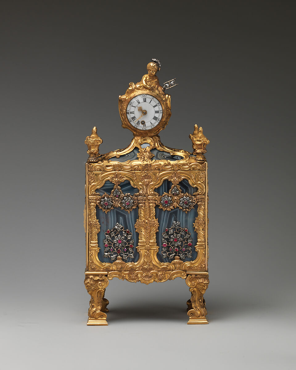 Nécessaire incorporating a watch (one of a pair), John Barbot (British, recorded 1751–65), Gold, agate, rubies, diamonds, silver, wood carcass, silk velvet, mirror glass; glass, enamel, ivory, steel; movement: gilded brass, steel; enamel face, British, London