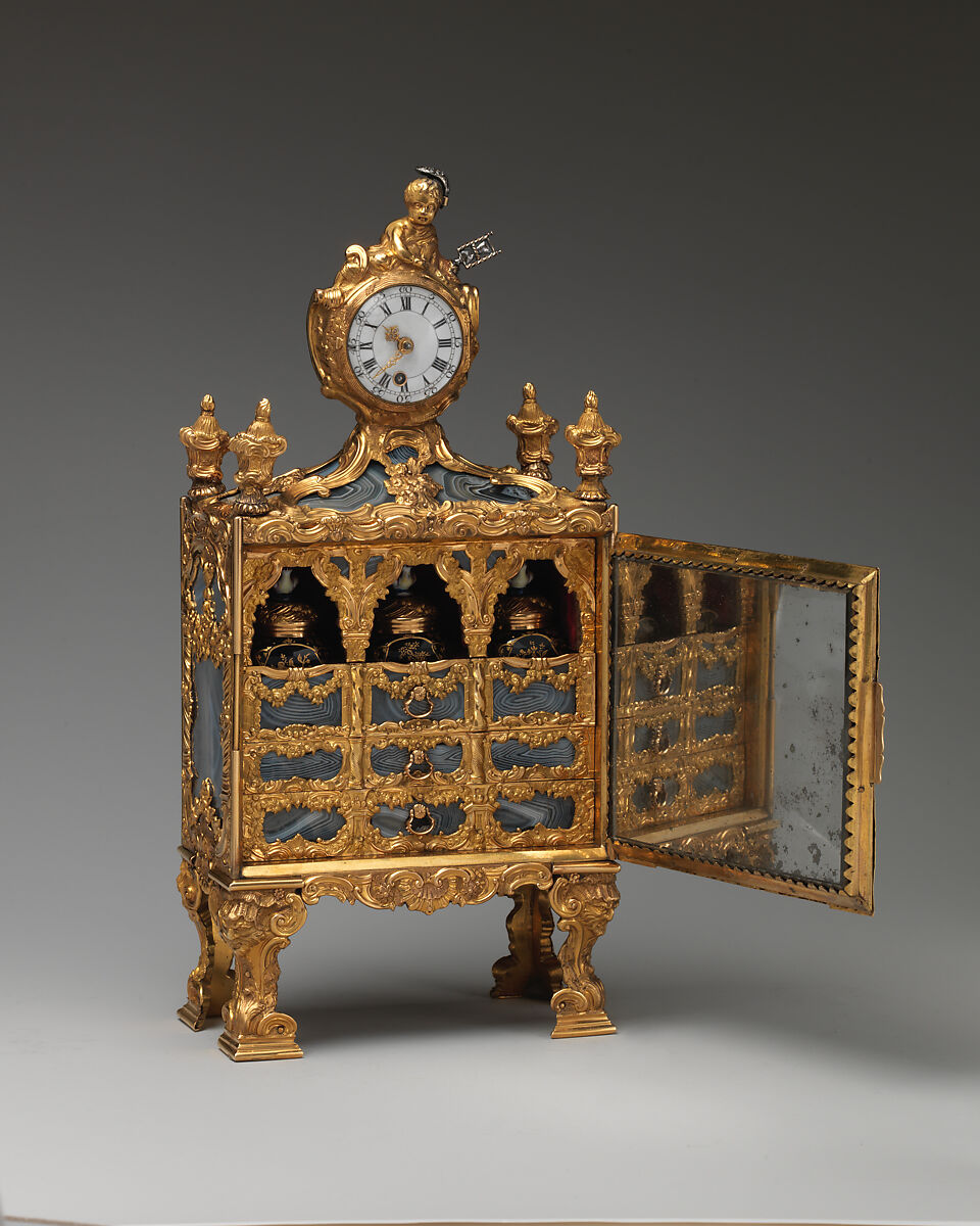 Nécessaire incorporating a watch (one of a pair), John Barbot (British, recorded 1751–65), Gold, agate, rubies, diamonds, silver, wood carcass, silk velvet, mirror glass; glass, enamel, ivory, steel; movement: gilded brass, steel; enamel face, British, London