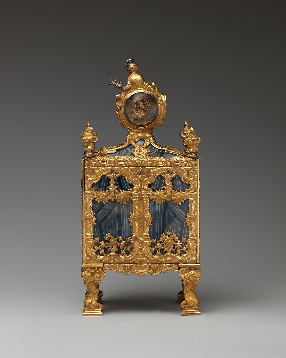 Nécessaire incorporating a watch (one of a pair), John Barbot (British, recorded 1751–65), Gold, agate, rubies, diamonds, silver, wood carcass, silk velvet, mirror glass; glass, enamel, ivory, steel; movement: gilded brass, steel; enamel face, British, London