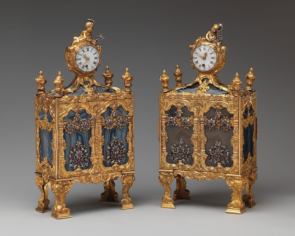 Nécessaire incorporating a watch (one of a pair), John Barbot (British, recorded 1751–65), Gold, agate, rubies, diamonds, silver, wood carcass, silk velvet, mirror glass; glass, enamel, ivory, steel; movement: gilded brass, steel; enamel face, British, London